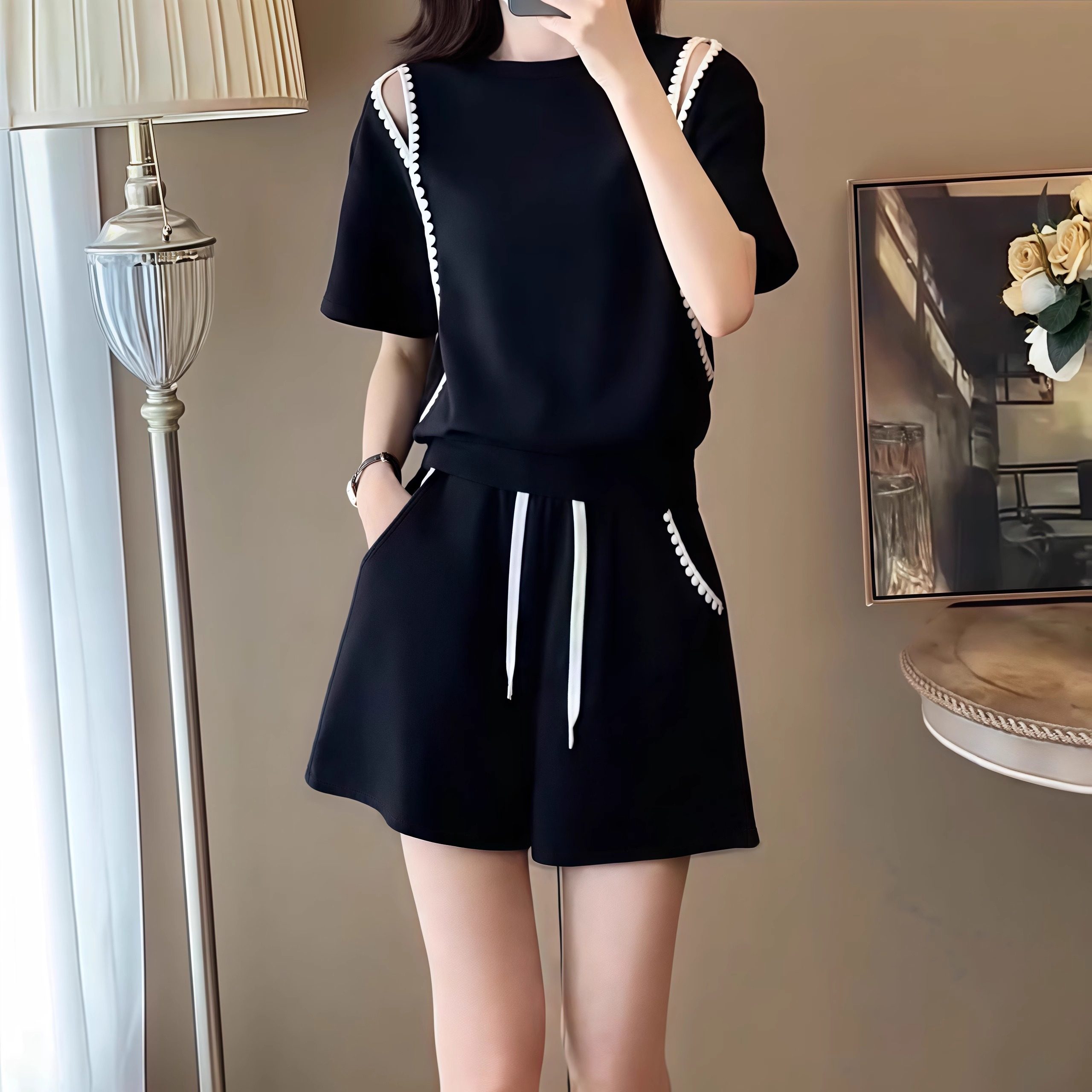 大码女夏季新款高级感露肩短袖短裤两件套胖妹妹简约百搭时尚套装