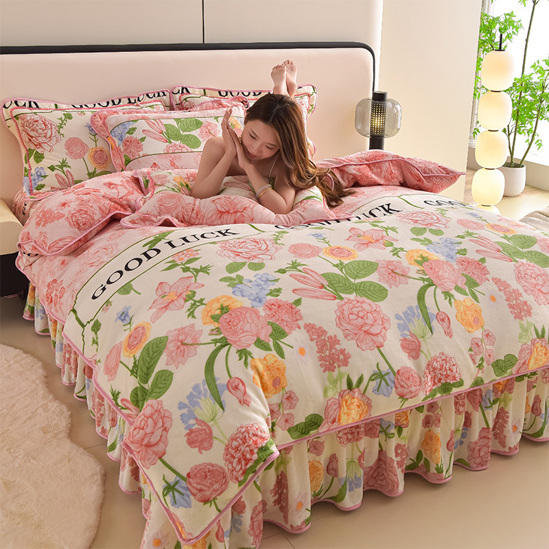 冬季加厚公主风保暖牛奶绒印花四件套金貂绒法兰绒珊瑚绒被套床单