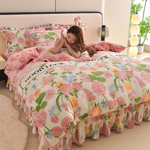 冬季加厚公主风保暖牛奶绒印花四件套金貂绒法兰绒珊瑚绒被套床单