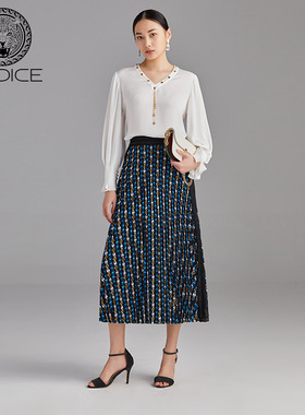 KODICE蕾丝半身裙子女装春季新款印花撞色拼接款中长裙半裙时尚