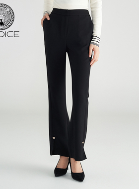 kodice秋冬新品女装黑色收腰阔腿裤开衩拉链纯色简约长裤