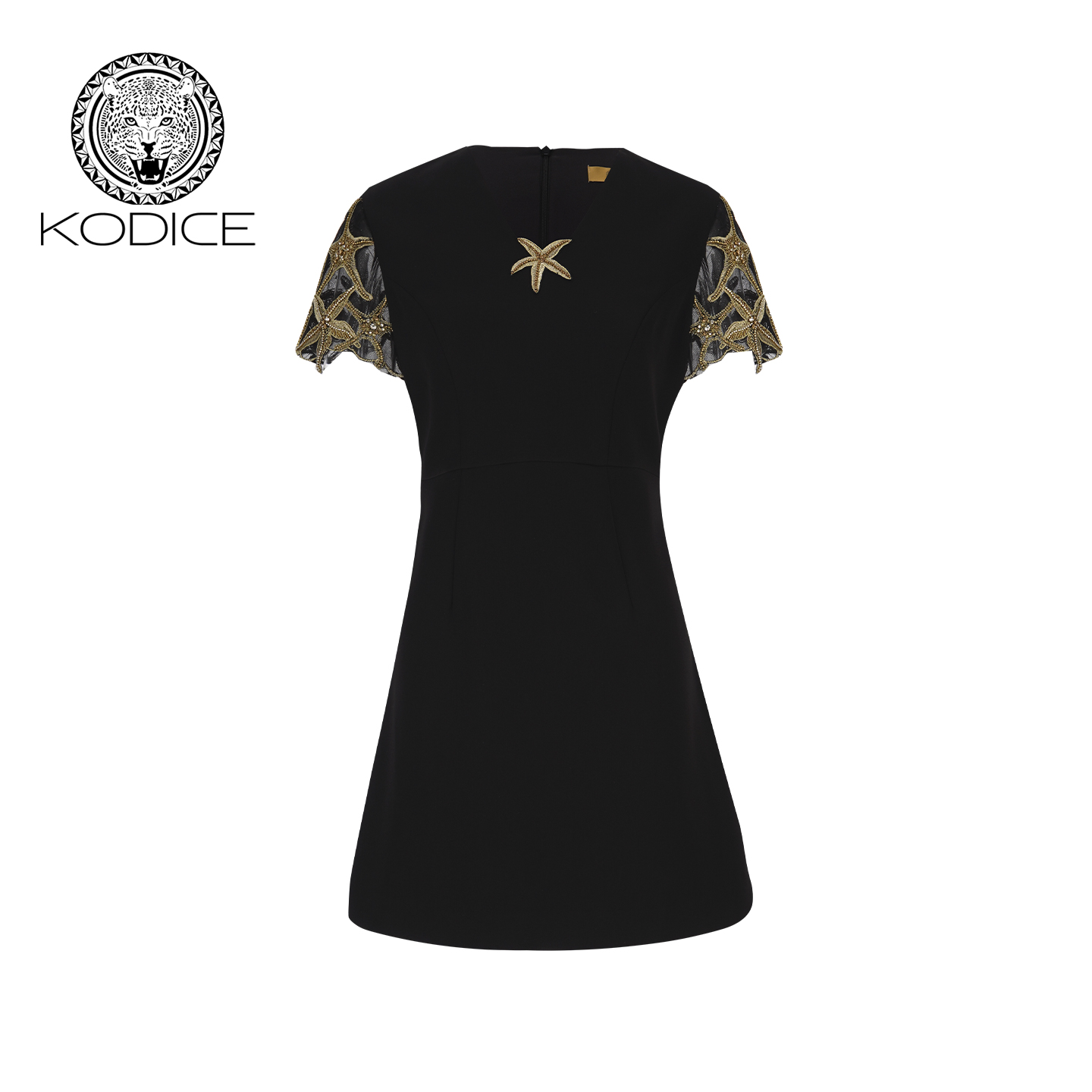 kodice黑色刺绣收腰V领连衣裙