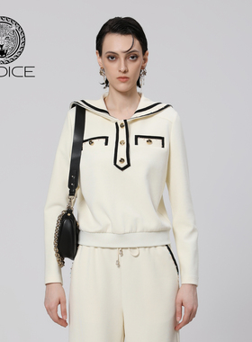 秋冬新款kodice白色棉质海军领长袖上衣撞色链条学院风休闲时尚女