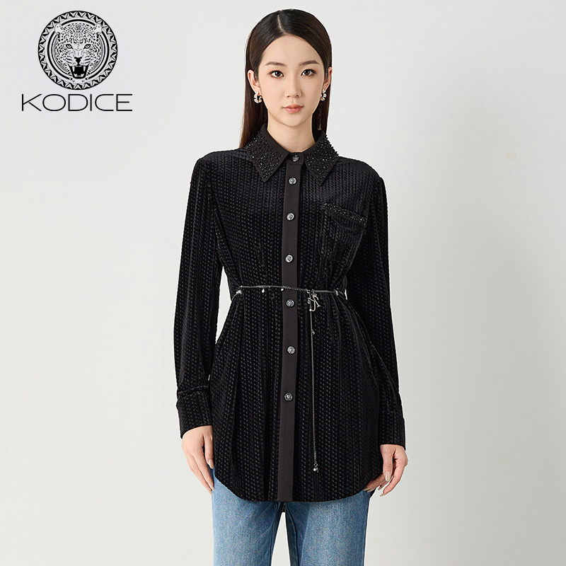 kodice黑色翻领烫钻单排扣衬衫