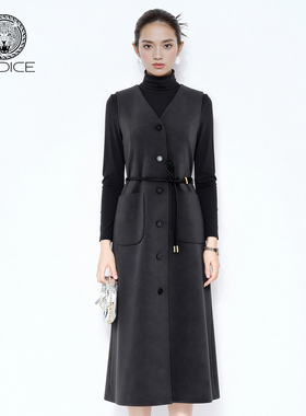 kodice2026春新款高领长袖连衣裙子长款马甲两件套装系带收腰气质