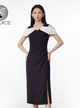 kodice2026春新款黑色立领拼接一字肩修身连衣裙子长裙气质时尚女