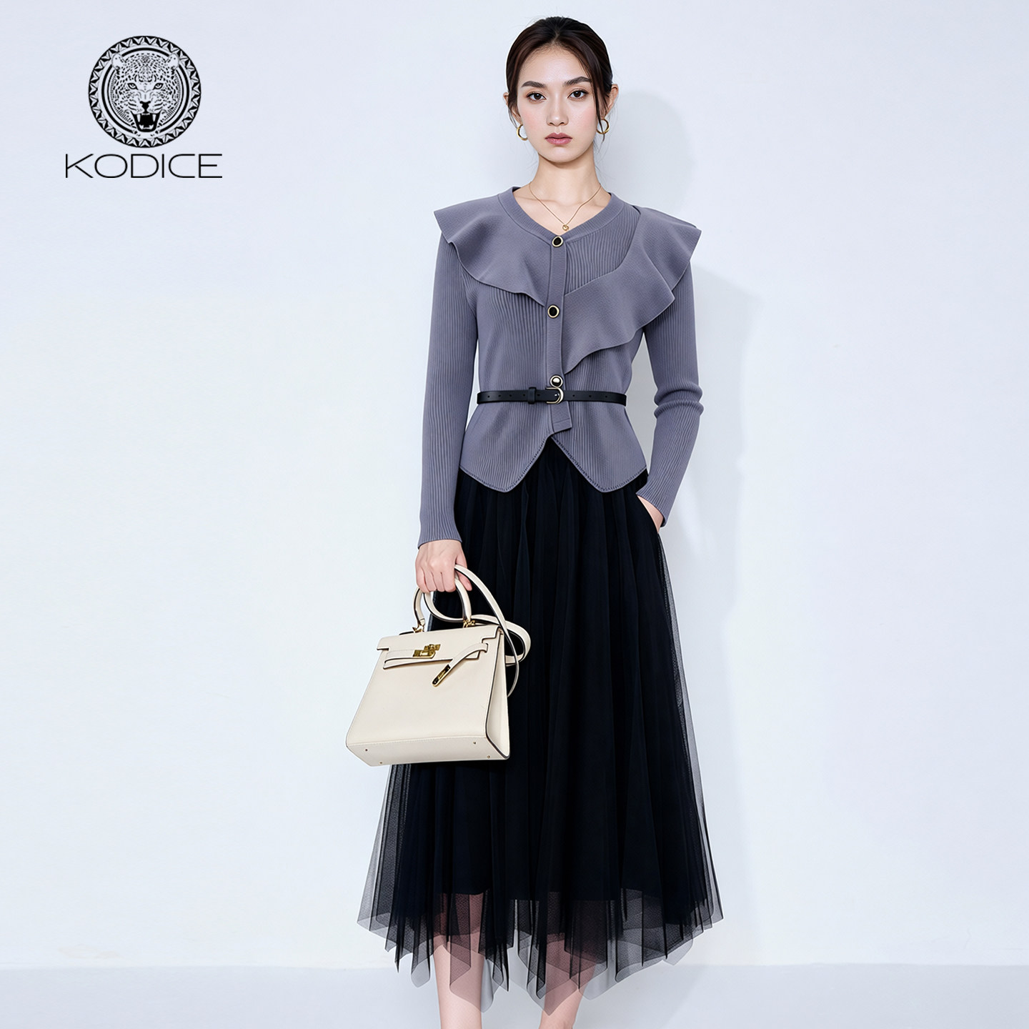 kodice2026春新款荷叶边针织上衣网纱半身裙半裙子两件套装气质女