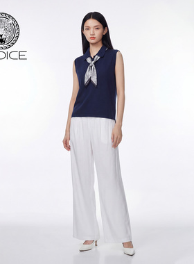 kodice2026春新款蓝色翻领莱赛尔混纺针织马甲宽松直筒裤两件套装