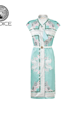 kodice春夏新款绿色印花连衣裙子翻领收腰时尚配腰带气质时尚女装