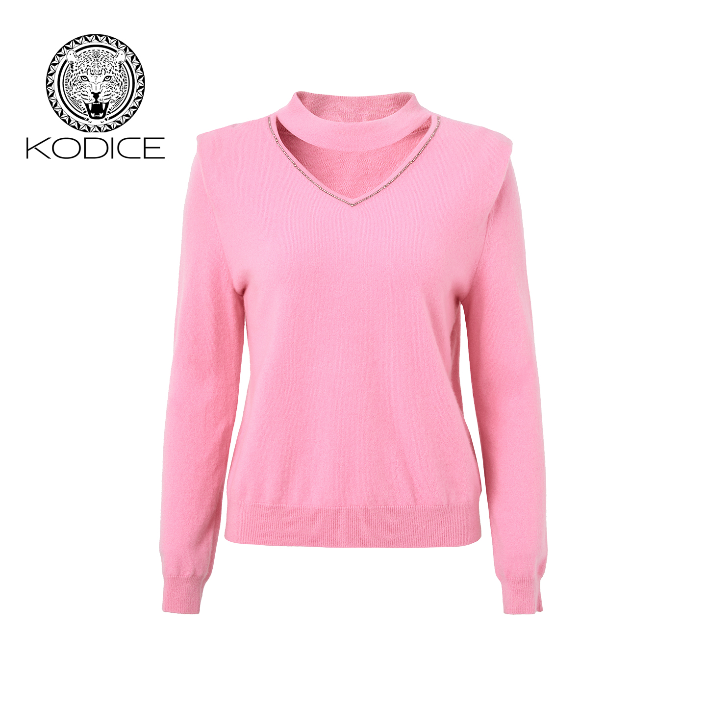 kodice粉色缝钻V领镂空羊绒衫
