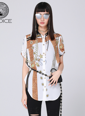 KODICE春夏新款白色雪纺衬衫复古巴洛克金色印花弧形下摆显瘦