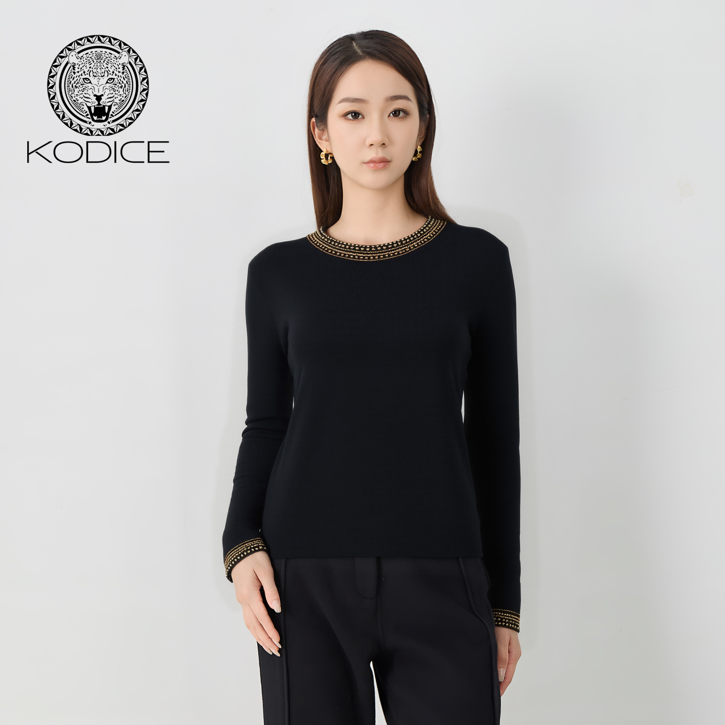 kodice黑色羊毛混纺钉珠针织衫