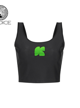 kodice夏季新款黑色弹力绣花背心短款修身后背交叉时尚运动女装