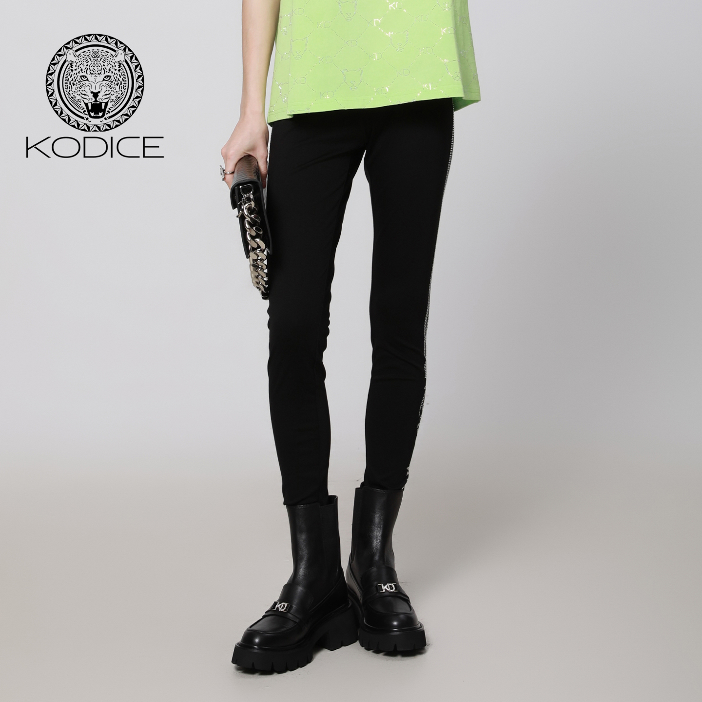 kodice黑色弹力修身烫钻小脚裤