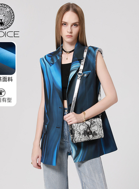 kodice女装蓝色抽象印花平驳领单排扣西装马甲无袖直身坎肩