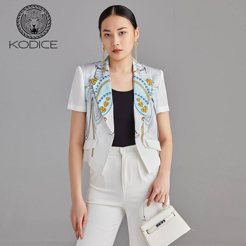 KODICE印花西装外套春夏新款干练时尚短袖收腰修身V领上衣女装