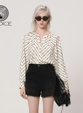 kodice春秋新款米色印花衬衫V领单排扣长袖衬衣上衣时尚百搭女