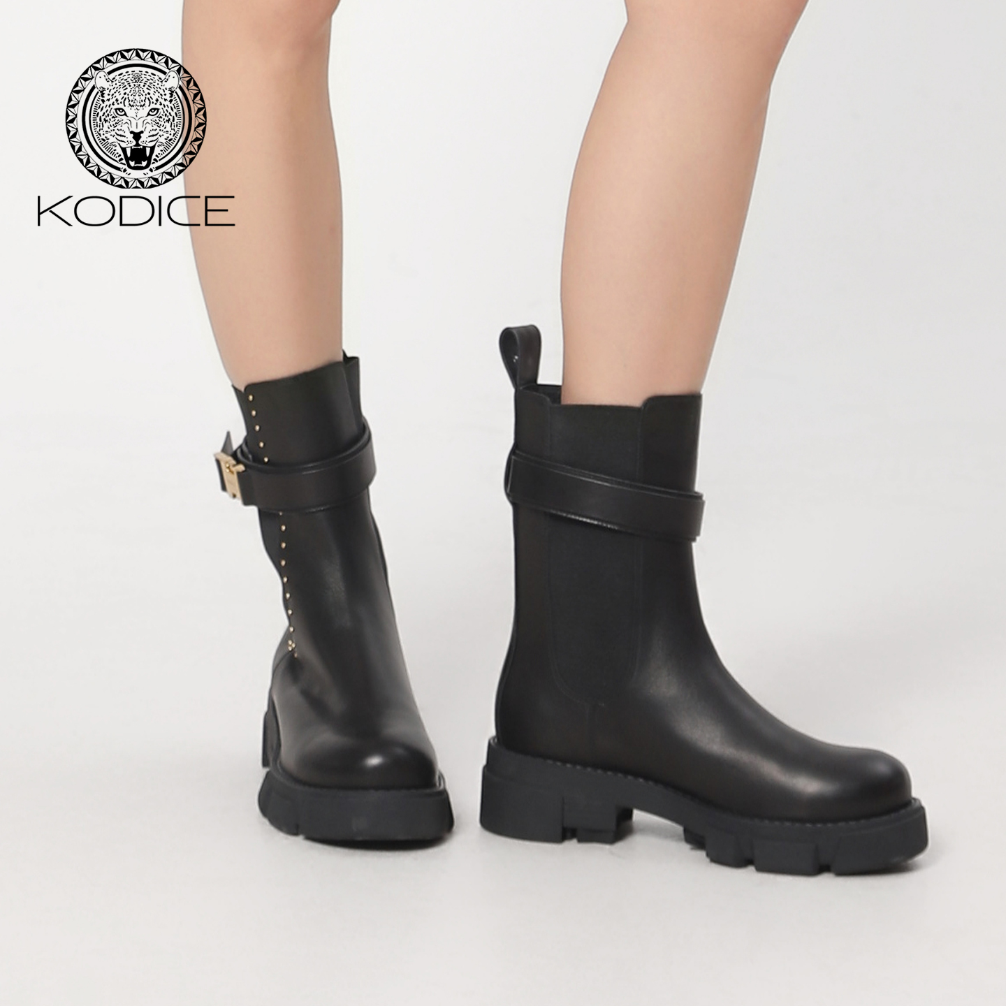 kodice黑色牛皮革厚底女士短靴