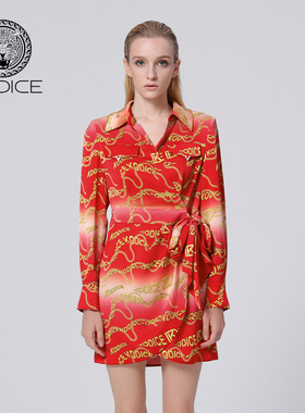 kodice春秋新款红色印花翻领连衣裙子收腰绑带长袖气质时尚女装
