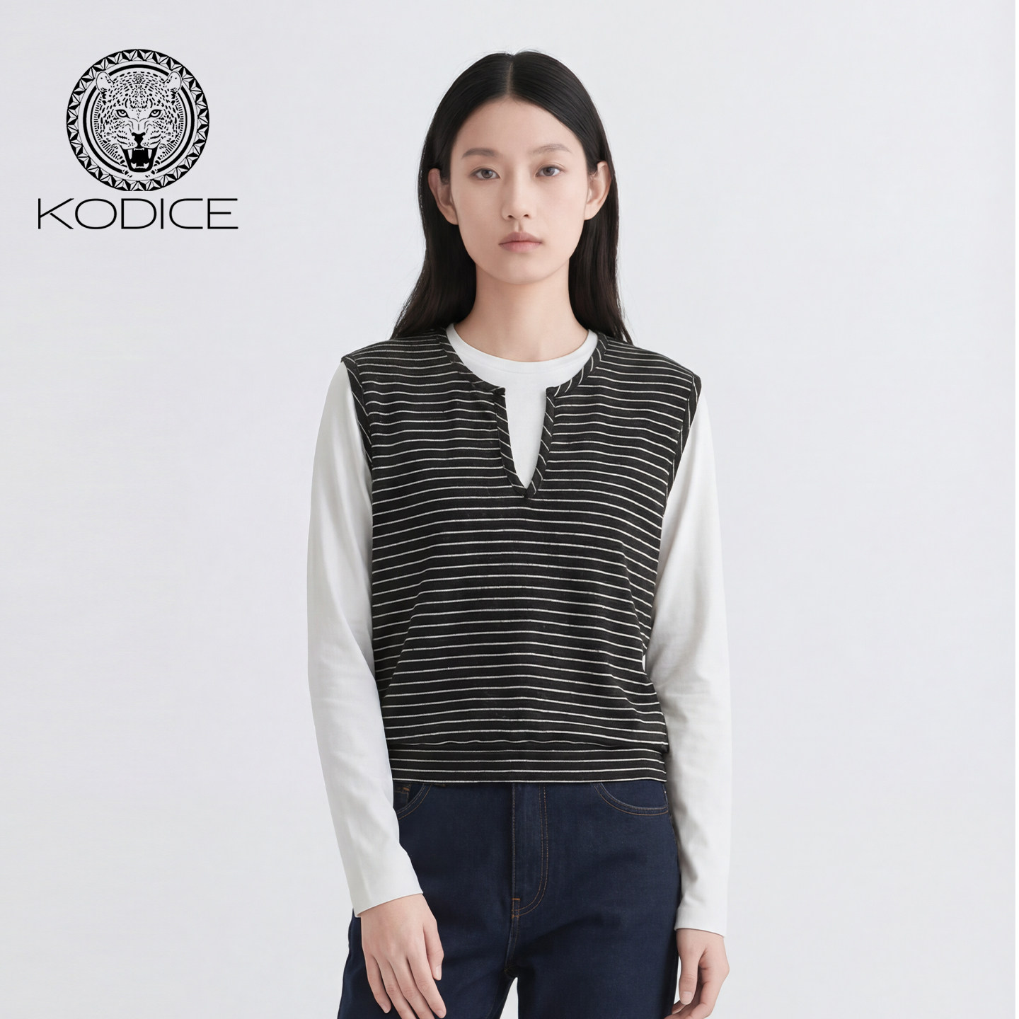 kodice2026春新款黑色条纹马甲圆领长袖上衣T恤假两件叠穿时尚女,女装/女士精品,T恤,淘宝优惠券,粉丝福利购,淘宝优惠卷