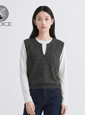 kodice2026春新款黑色条纹马甲圆领长袖上衣T恤假两件叠穿时尚女