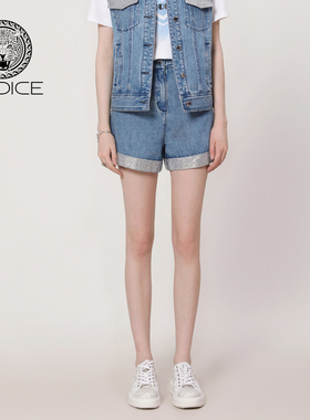 kodice春夏新款女蓝色棉质高腰牛仔短裤卷边烫钻A字裤时尚百搭