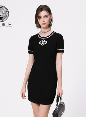 kodice春夏新款黑色针织连衣裙子圆领修身钉珠刺绣短裙时尚女装