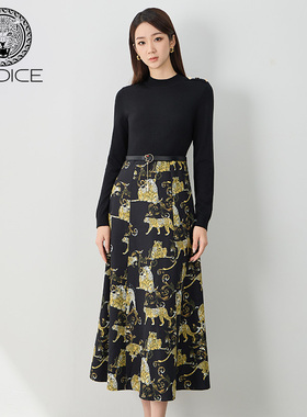 kodice2024秋冬新品女黑色印花圆领拼接收腰修身连衣裙子含腰带