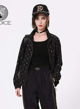 kodice春秋新款黑色立领拉链logo烫钻外套休闲短款时尚百搭女装