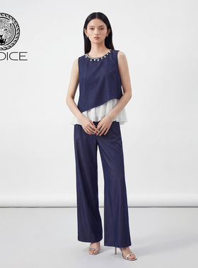 kodice2026春新款黑色钉珠坠饰圆领无袖上衣拼接直筒裤子两件套装