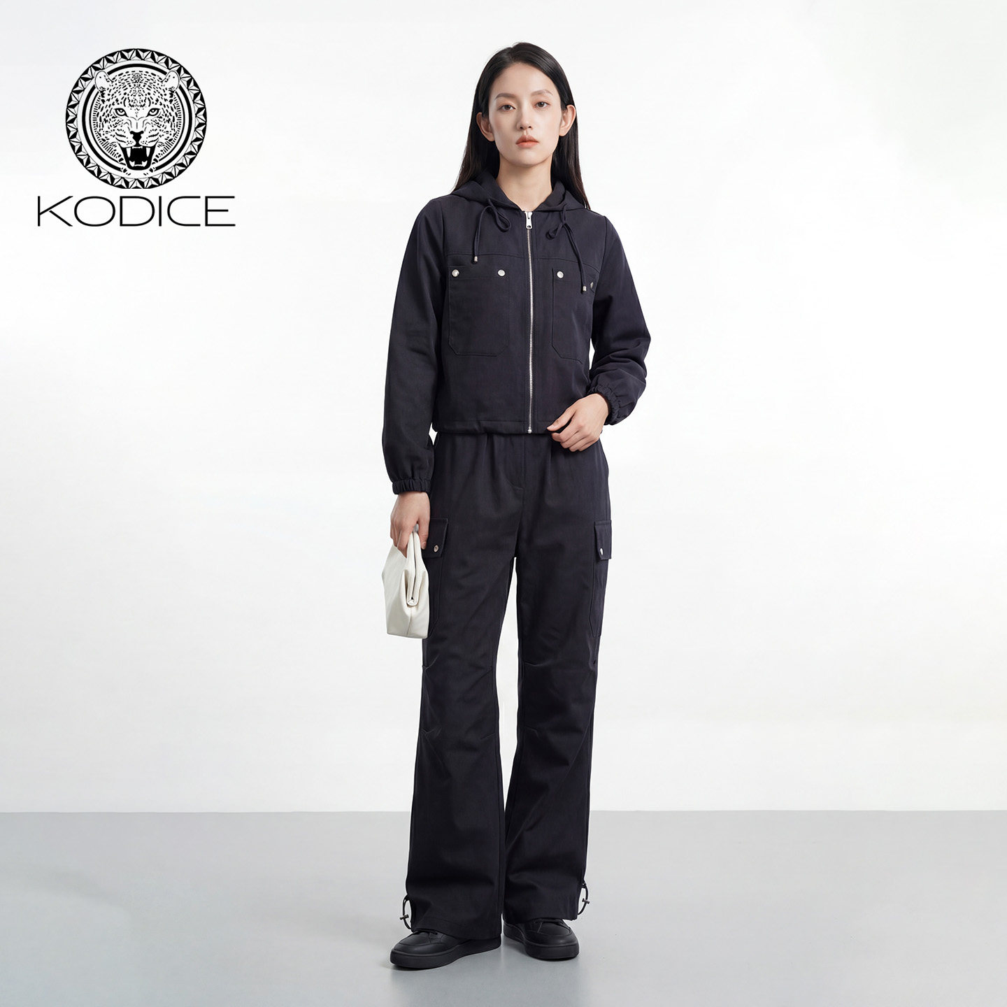 kodice春夏新款藏兰连帽拉链短款外套工装休闲裤子长裤两件套装女