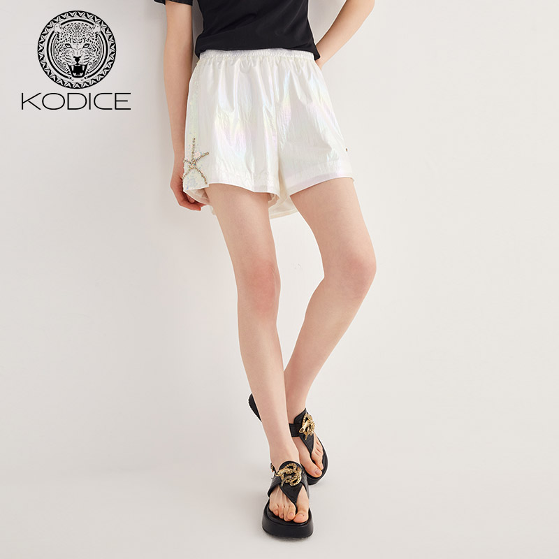 kodice夏季新款镭射缝钻短裤女裤松紧腰个性白色运动裤休闲裤子