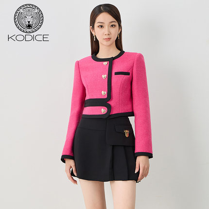 kodice秋冬新品女装粉色圆领短款外套撞色小香风修身复古气质上衣