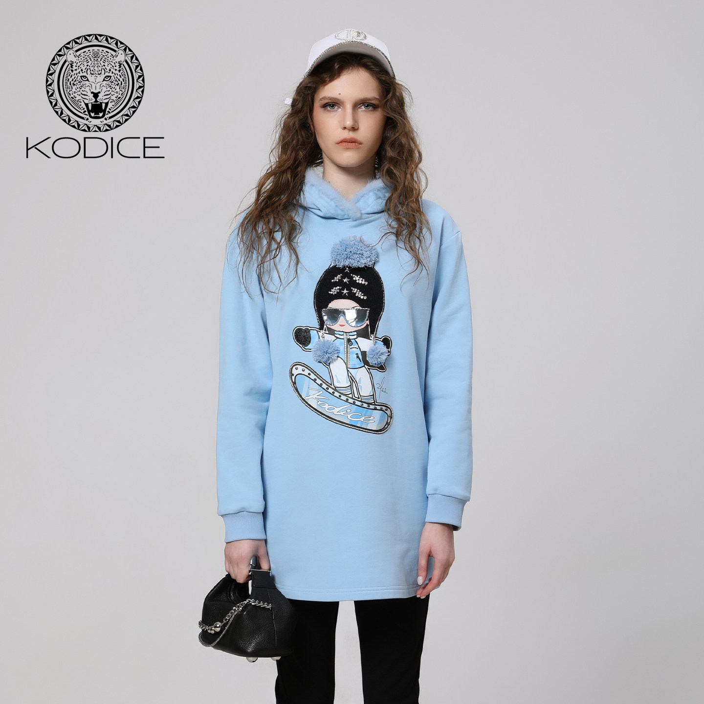 秋冬新款kodice蓝色棉质连帽印花钉珠卫衣长款毛球休闲时尚百搭女,女装/女士精品,卫衣/绒衫,淘宝优惠券,粉丝福利购,淘宝优惠卷