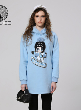 秋冬新款kodice蓝色棉质连帽印花钉珠卫衣长款毛球休闲时尚百搭女