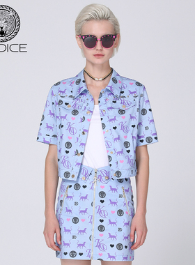 KODICE春夏新款100%棉蓝色夹克个性铆钉印花挺括短外套