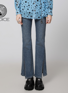 秋冬新款kodice蓝色棉质牛仔裤子开叉微喇裤修身显瘦时尚百搭女裤