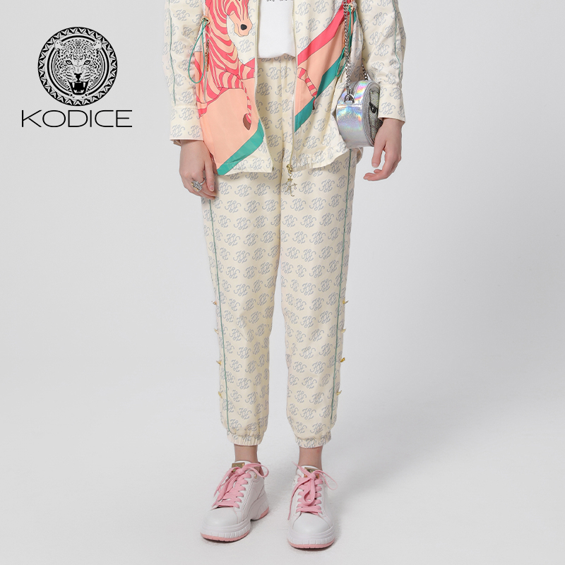 kodice春夏新款米色印花松紧腰休闲裤子束脚裤时尚运动百搭女装
