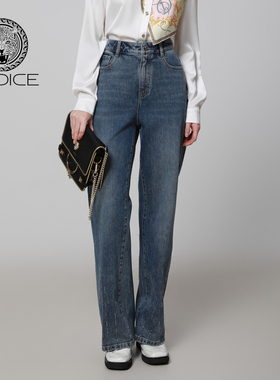 秋冬新款kodice蓝色高腰宽松直筒水洗棉质牛仔裤子长裤烫钻时尚女