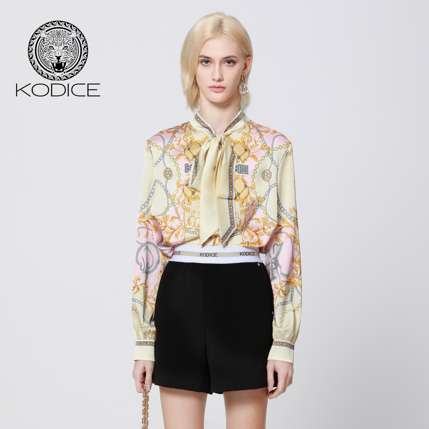 kodice黄色印花飘带领长袖衬衫