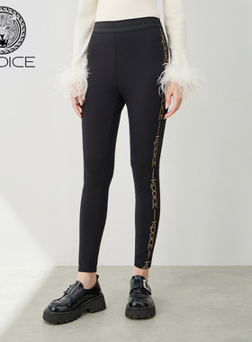 kodice秋冬新品女装黑色松紧腰撞色字母印花打底裤子休闲裤百搭