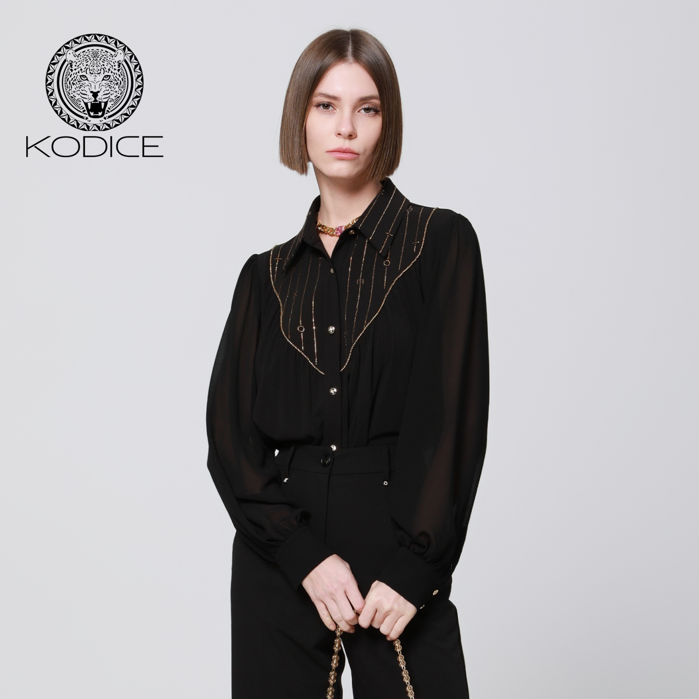 kodice黑色烫钻单排扣长袖衬衫