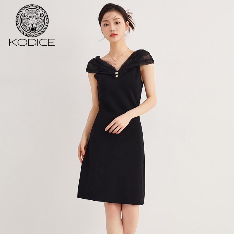 KODICE黑色蕾丝肩带连衣裙女装夏季新款修身V领礼服气质中长裙子
