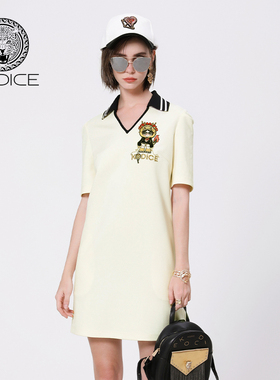 kodice春夏新款白色连衣裙子撞色polo领贴布绣短袖时尚流行女装