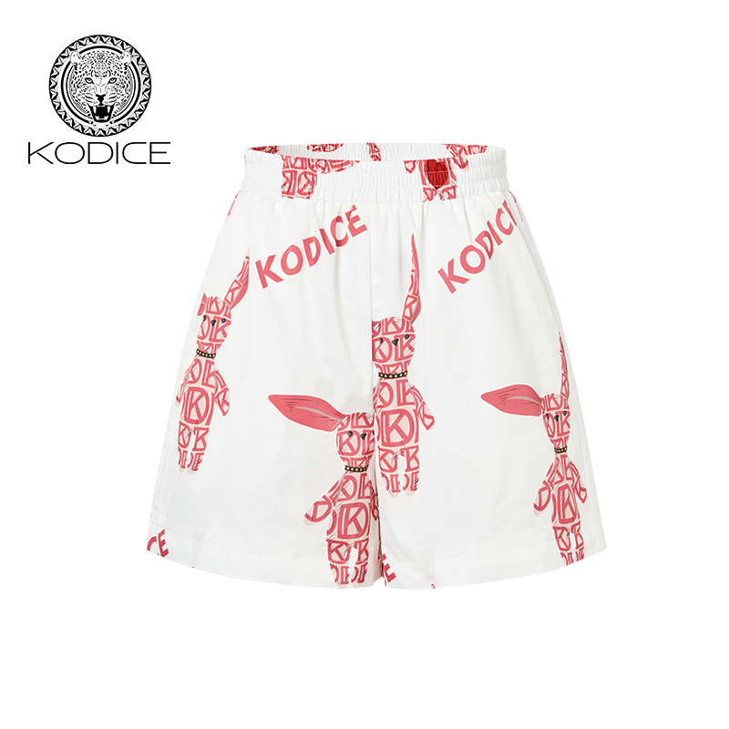 kodice春夏新款白色印花高腰短裤松紧腰A字裤时尚百搭气质女裤