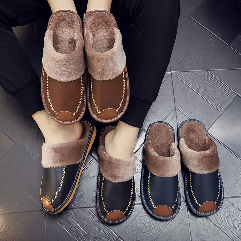 冬季新款居家用棉拖鞋男女室内防滑PU皮面保暖平底防水家居月子鞋