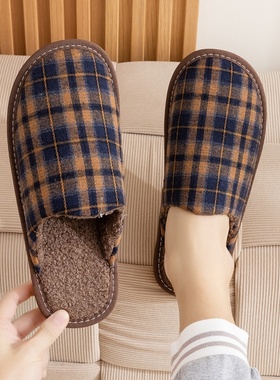 时尚秋冬季居家拖鞋保暖家居用布艺男女室内情侣防滑静音耐脏新款
