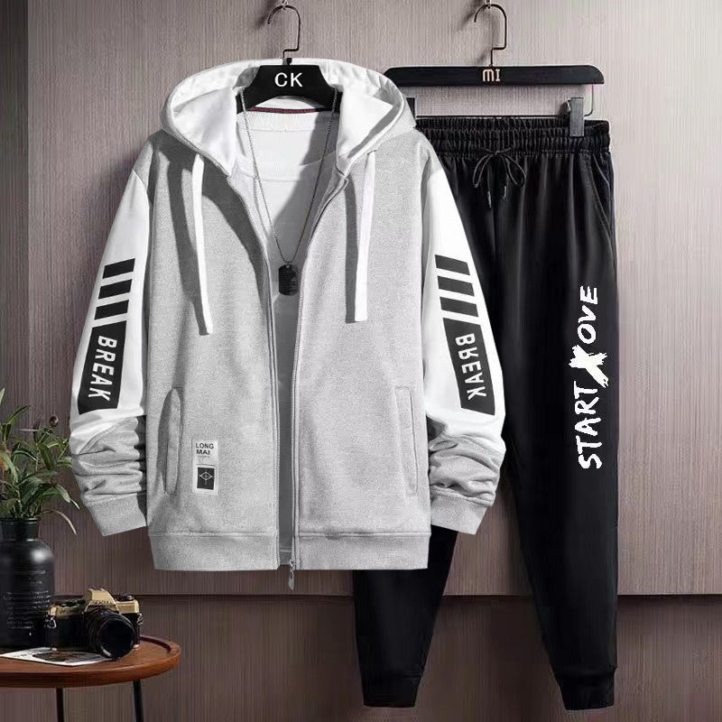 남성 카디건 스웨트 셔츠 봄 가을 2022 새로운 대비 컬러 스티치 후드 재킷 잘 생긴 매칭 슈트 세트