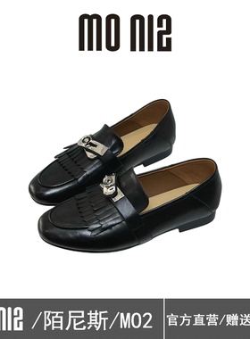 陌尼斯英伦风流苏金属扣乐福鞋女黑色通勤一脚蹬百搭时尚小皮鞋女