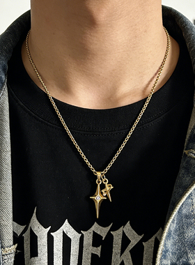 美式街头双子金色星芒古巴项链男生高级感钛钢个性街头配饰小众潮